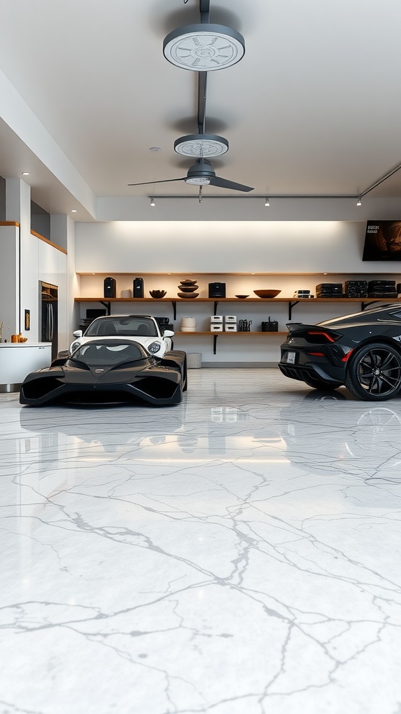 A luxurious garage featuring marble epoxy flooring with two sleek cars parked.