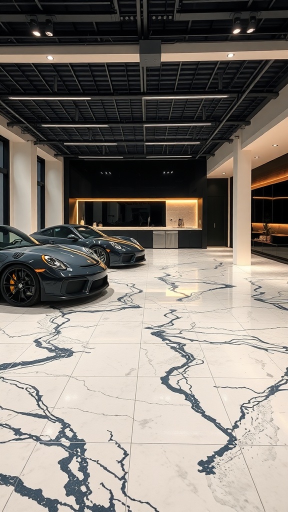 Luxury garage featuring sleek cars and a stylish marble epoxy floor.