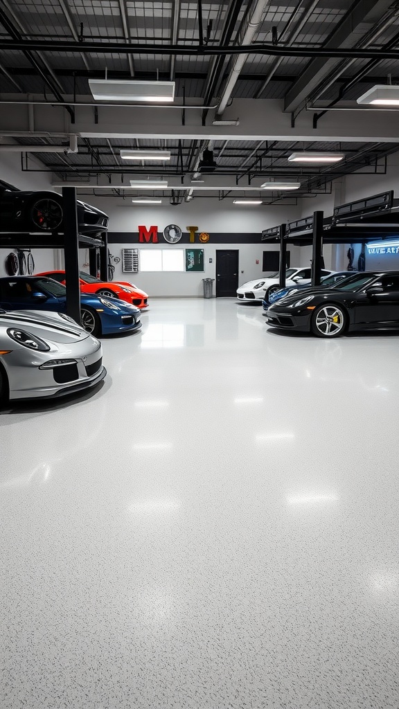 Luxurious garage featuring metallic epoxy flooring and multiple high-end cars under LED lighting.