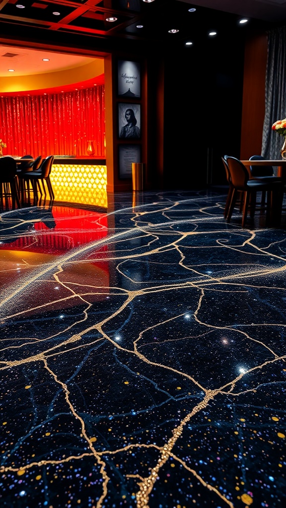 Luxury glitter epoxy flooring with a unique blue and golden pattern