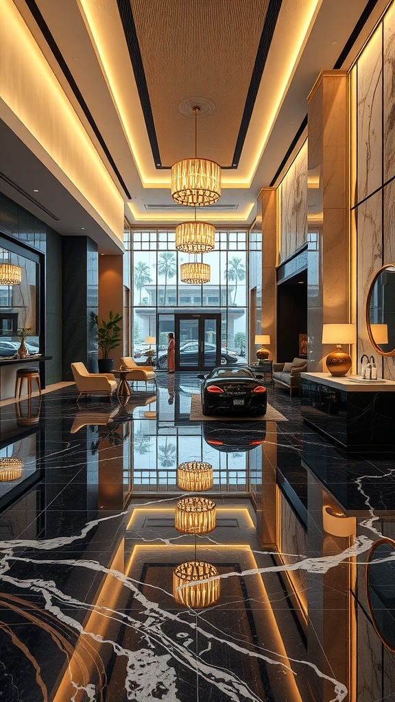 Luxurious hotel lobby with glossy black epoxy floor and elegant lighting fixtures