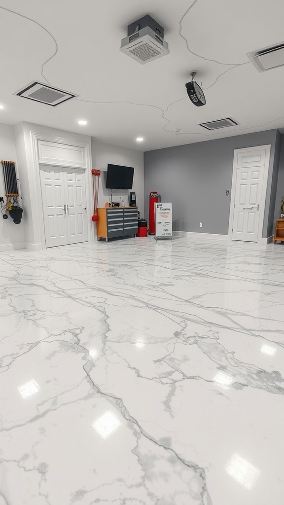 A stylish garage with luxury marble effect epoxy flooring, featuring black and white swirling patterns and a sleek car parked in the center.