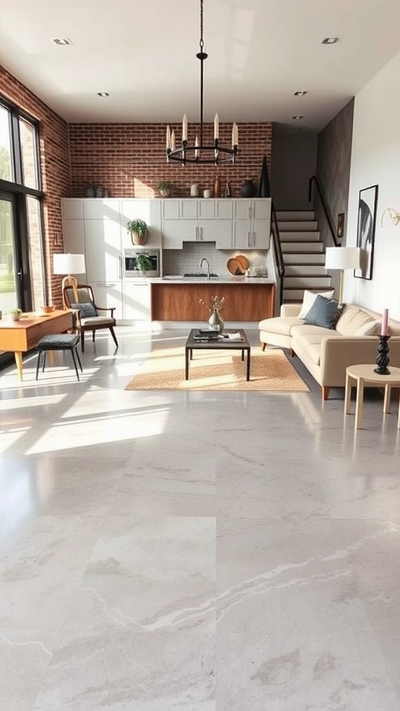 A modern living room featuring marble effect epoxy flooring, with a stylish kitchen and cozy seating area.