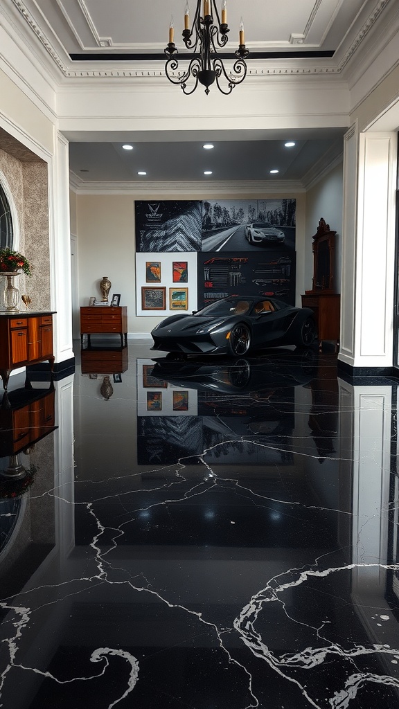 A luxurious black epoxy floor with white veining, showcasing a modern car in a sophisticated living space.