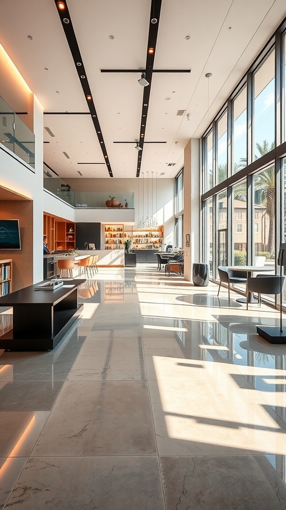 Modern retail space with polished concrete flooring and large windows.