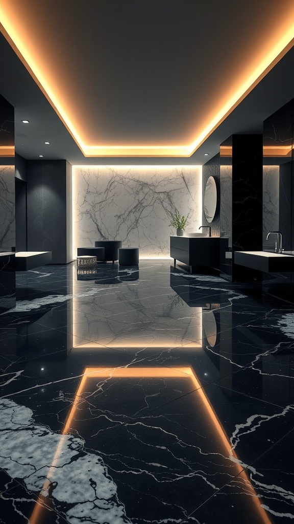 A luxury spa with black epoxy flooring and marble accents, featuring warm lighting.