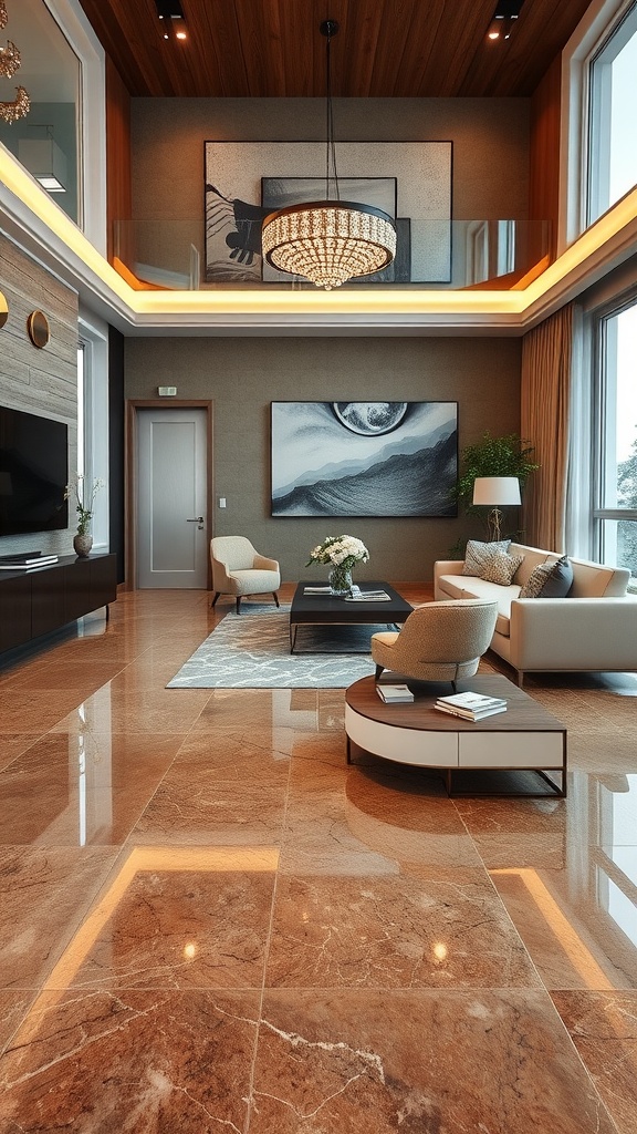 Luxurious interior with stunning epoxy concrete floor featuring a stone look