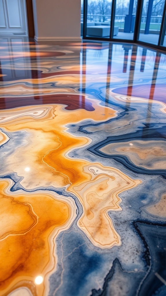 Luxurious vinyl-pour epoxy floor featuring a 3D koi fish design with intricate patterns