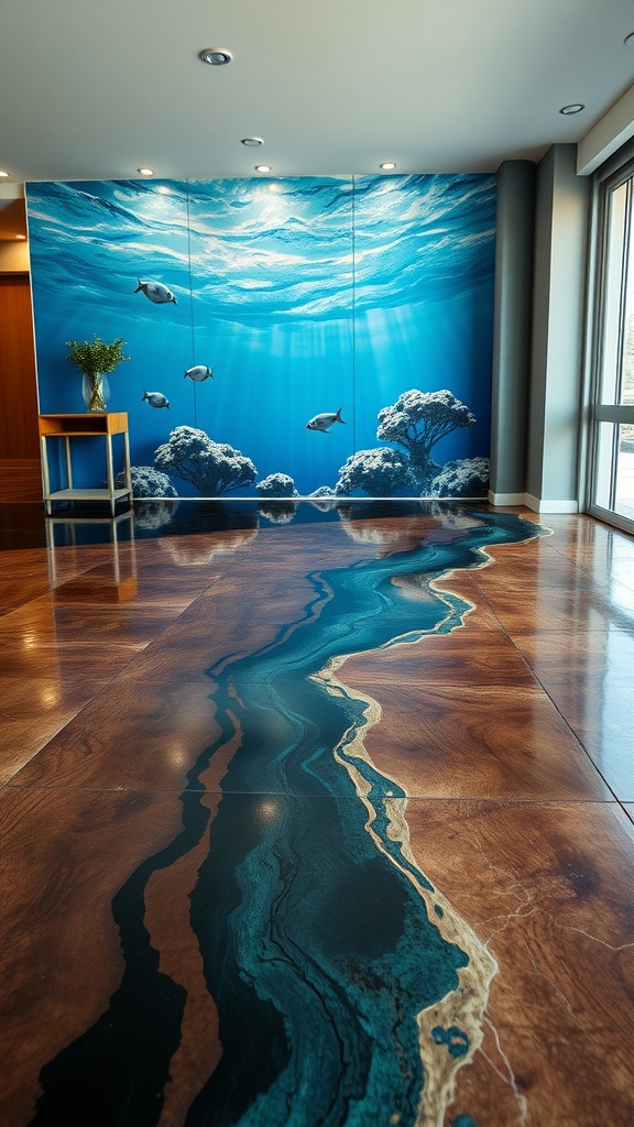 Luxury vinyl and epoxy flooring design featuring a river illusion in rich wooden tones and vibrant blues.