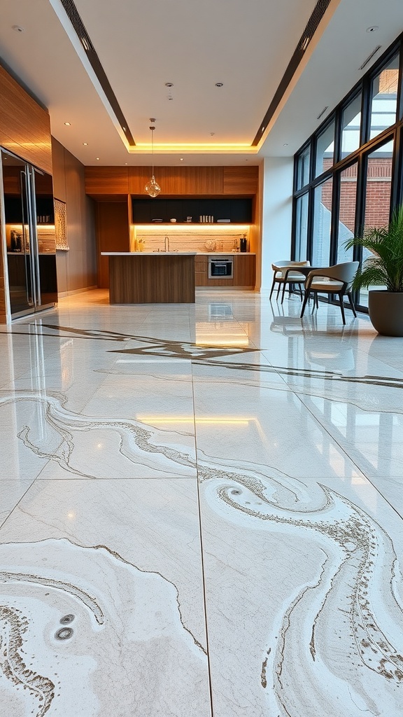 A modern kitchen with luxurious epoxy flooring featuring intricate designs.