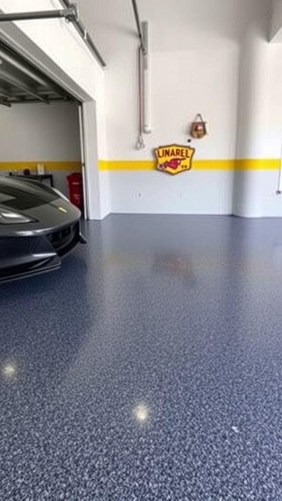 Luxury vinyl and epoxy hybrid garage floor with black and white checkerboard pattern