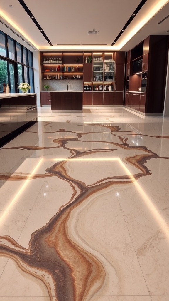 A modern kitchen with a luxurious epoxy floor design featuring flowing patterns in warm colors.