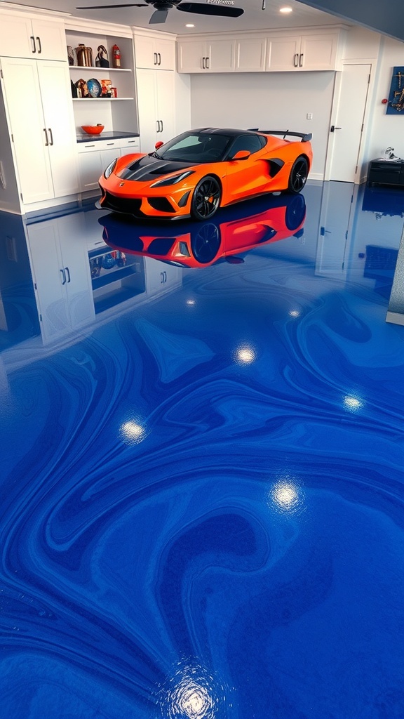 A garage with a dark blue epoxy floor and an orange sports car, showcasing a modern and stylish design.