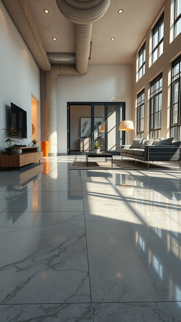 A modern living room with polished concrete flooring, large windows, and stylish furniture.