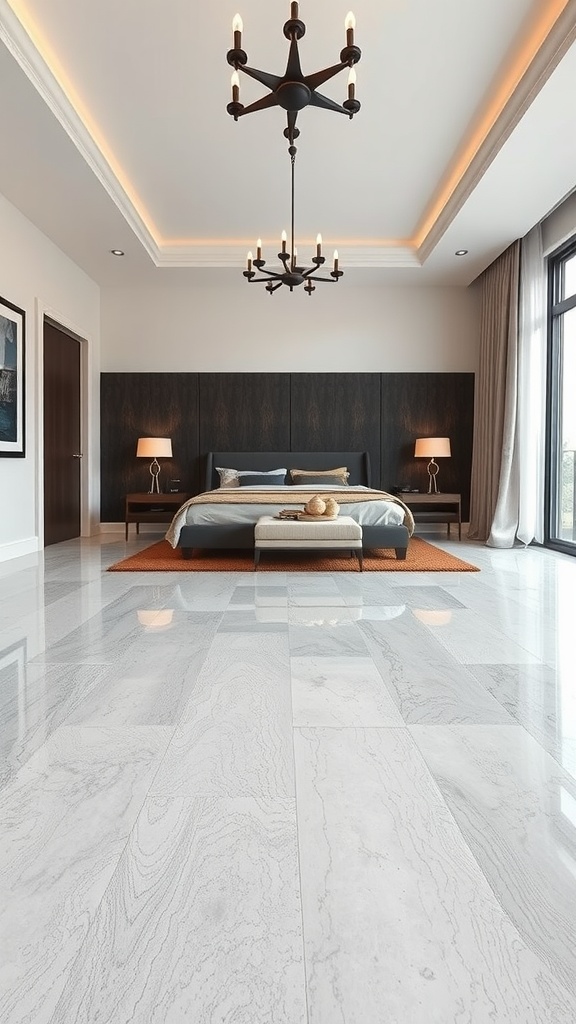 Modern bedroom with epoxy floor that resembles luxury vinyl, featuring elegant furniture and decorative elements.