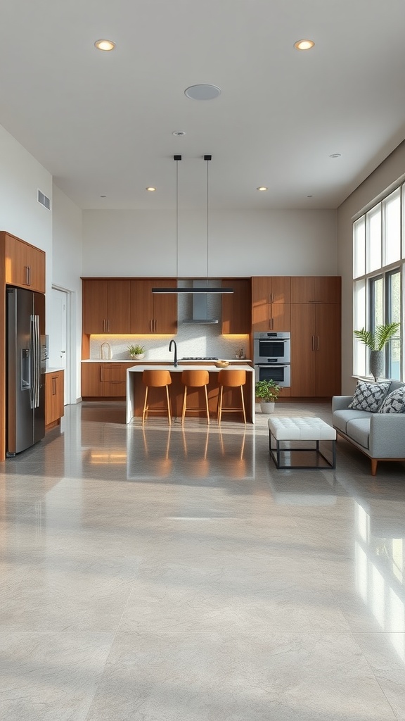 A modern kitchen with shiny epoxy concrete flooring and stylish furniture