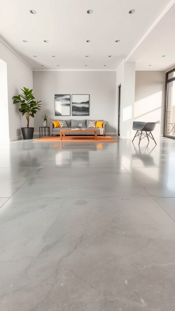Modern living room with polished concrete flooring and minimalist furniture