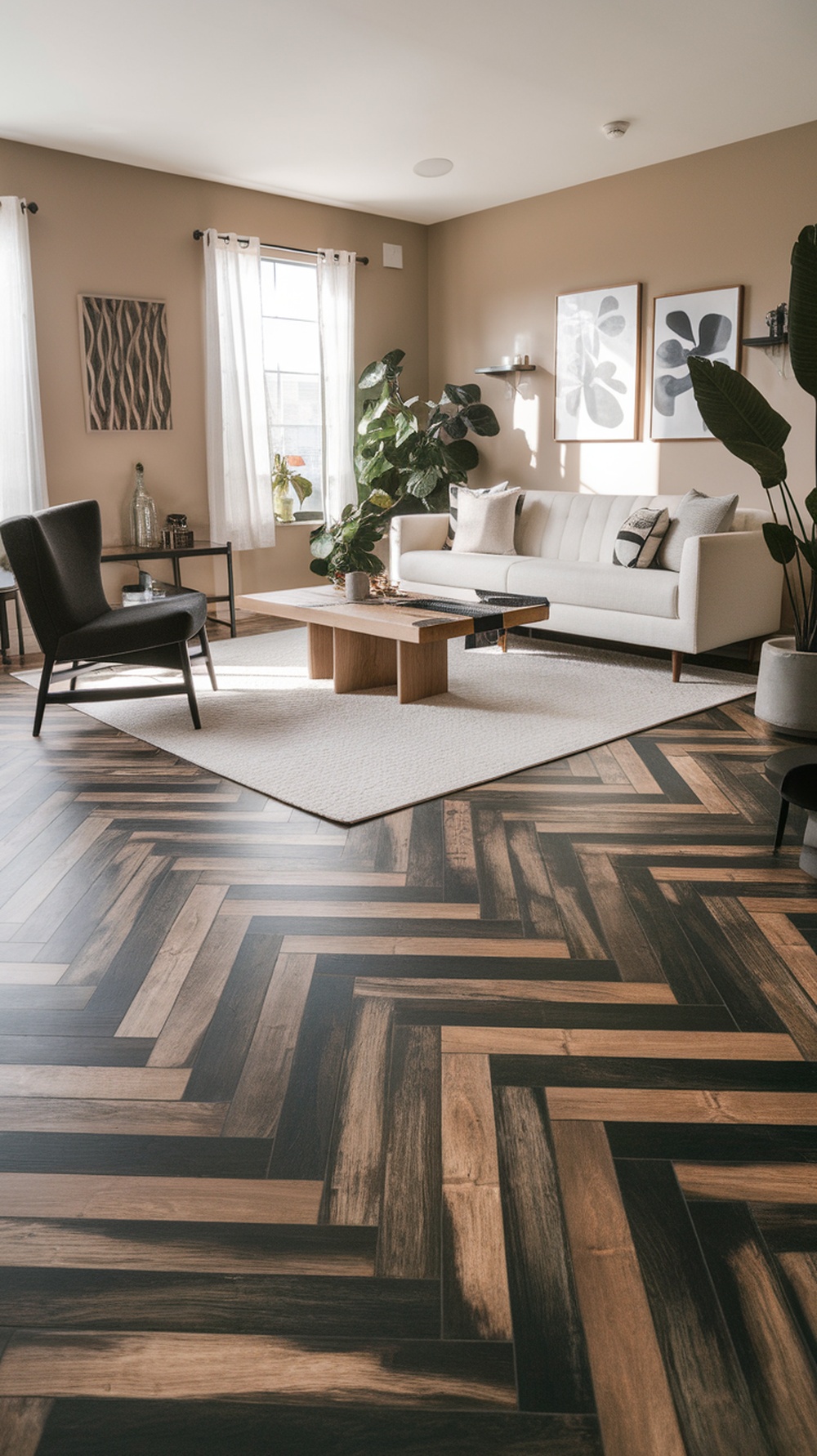 A living room featuring herringbone stamped concrete flooring that resembles wood, with a modern aesthetic.