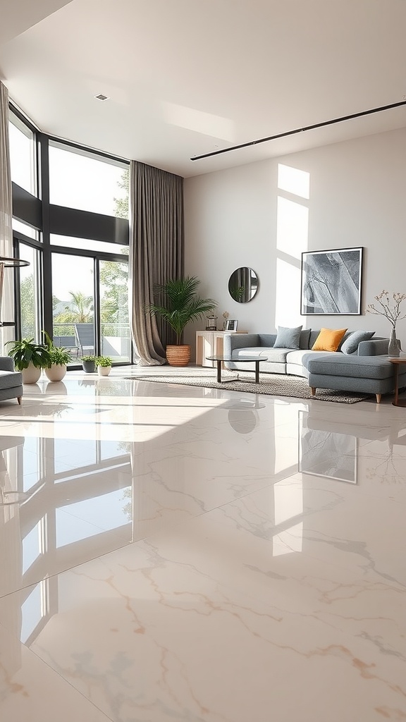 A modern living room featuring luxury vinyl flooring with an epoxy overlay, showcasing a bright and open space.