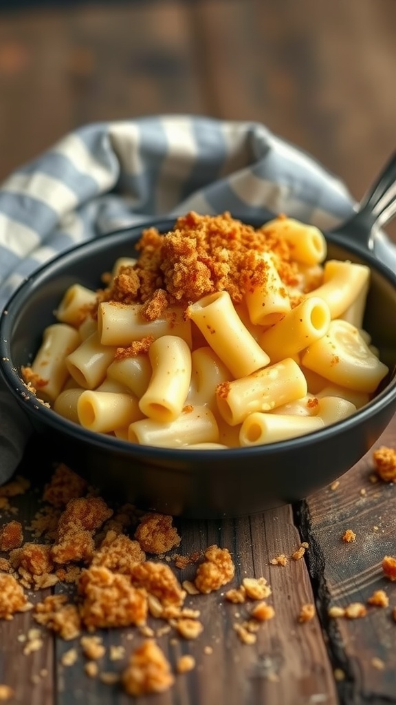 A creamy macaroni and cheese topped with crispy breadcrumbs