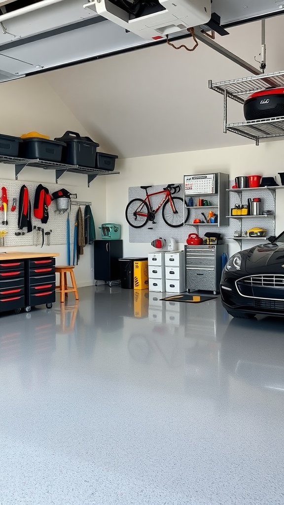 A modern garage with epoxy flooring, featuring magnetic tool holders, garage shelves, and organized storage.