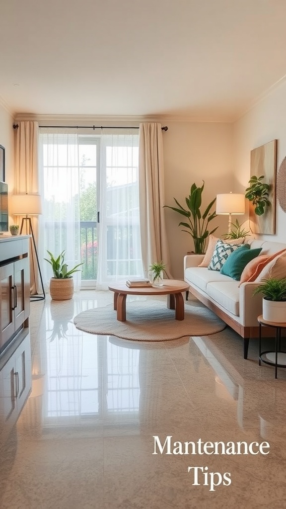Cozy living room with epoxy floor, featuring plants and comfortable seating.