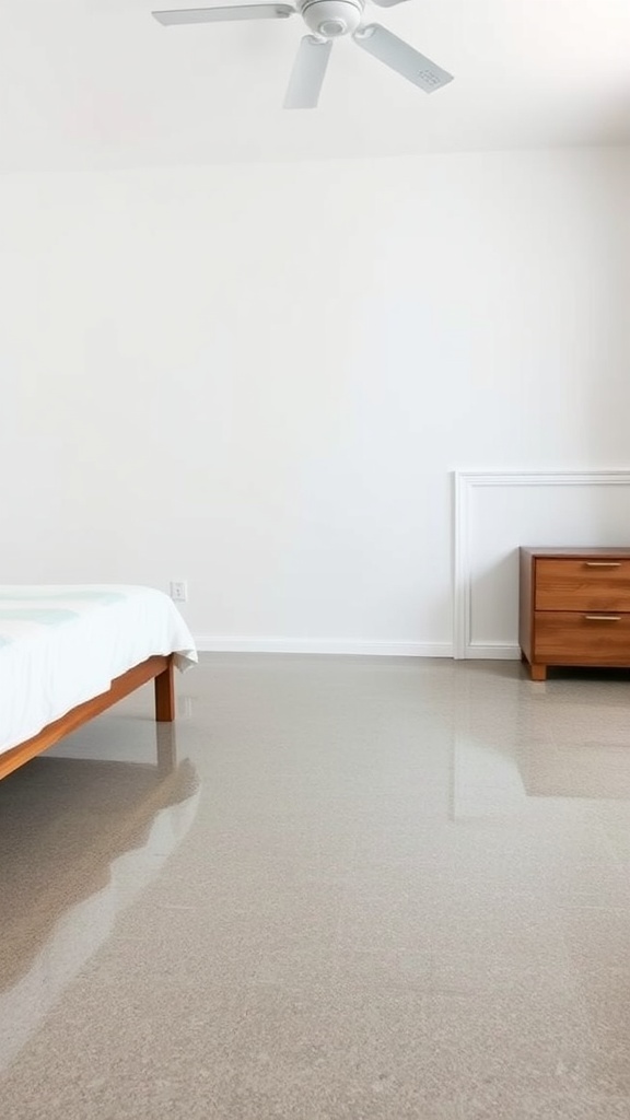 A clean bedroom with shiny epoxy concrete floors, a wooden bed, and a dresser.