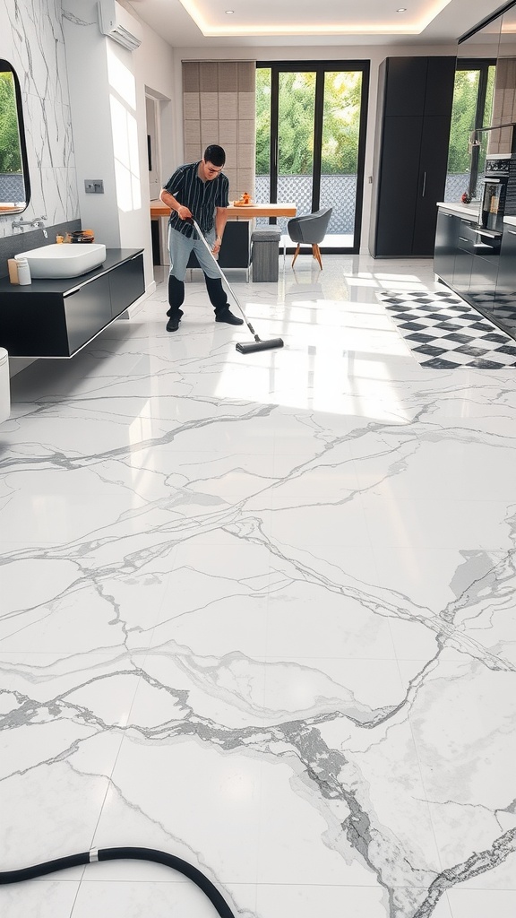 A person cleaning heated marble floors in a modern kitchen.