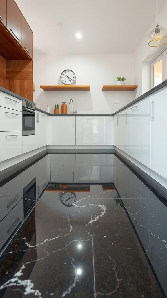 A modern kitchen with stunning epoxy floors featuring swirling patterns and a vibrant ceiling design.