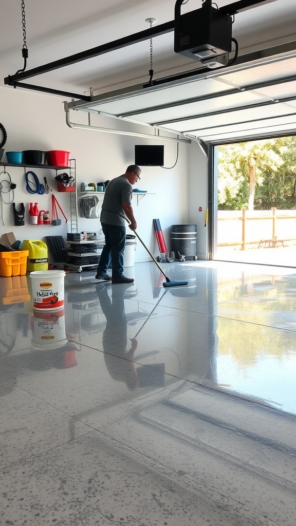 A person mopping a shiny epoxy garage floor, showcasing a tidy space with organized cleaning supplies.