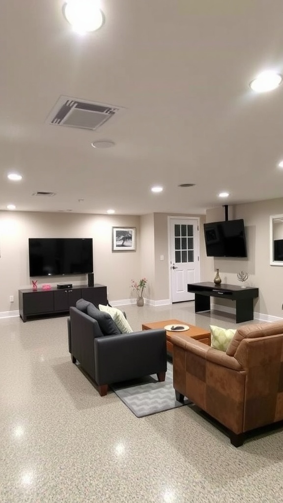 A person cleaning a glossy epoxy floor in a bright room