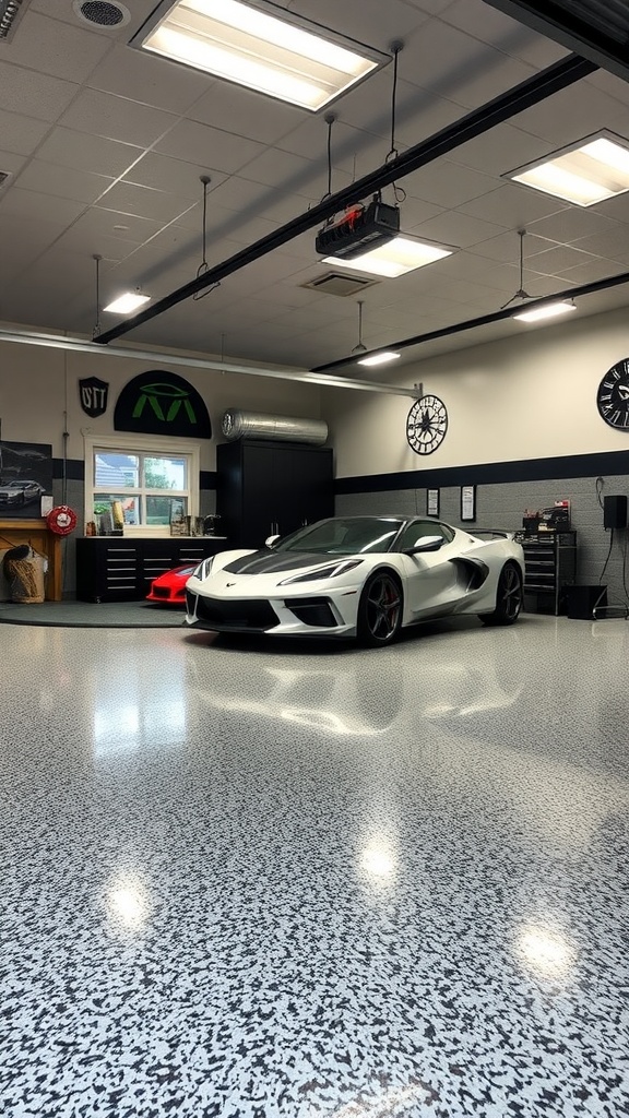 A clean epoxy coated garage floor with a vacuum cleaner.
