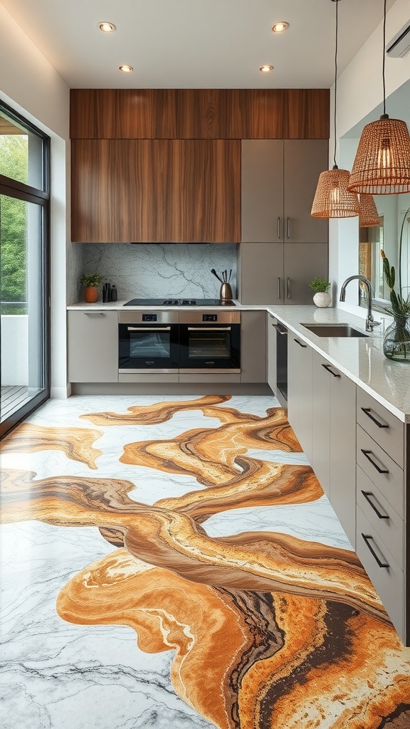 A person cleaning an epoxy floor with a mop in a bright room.