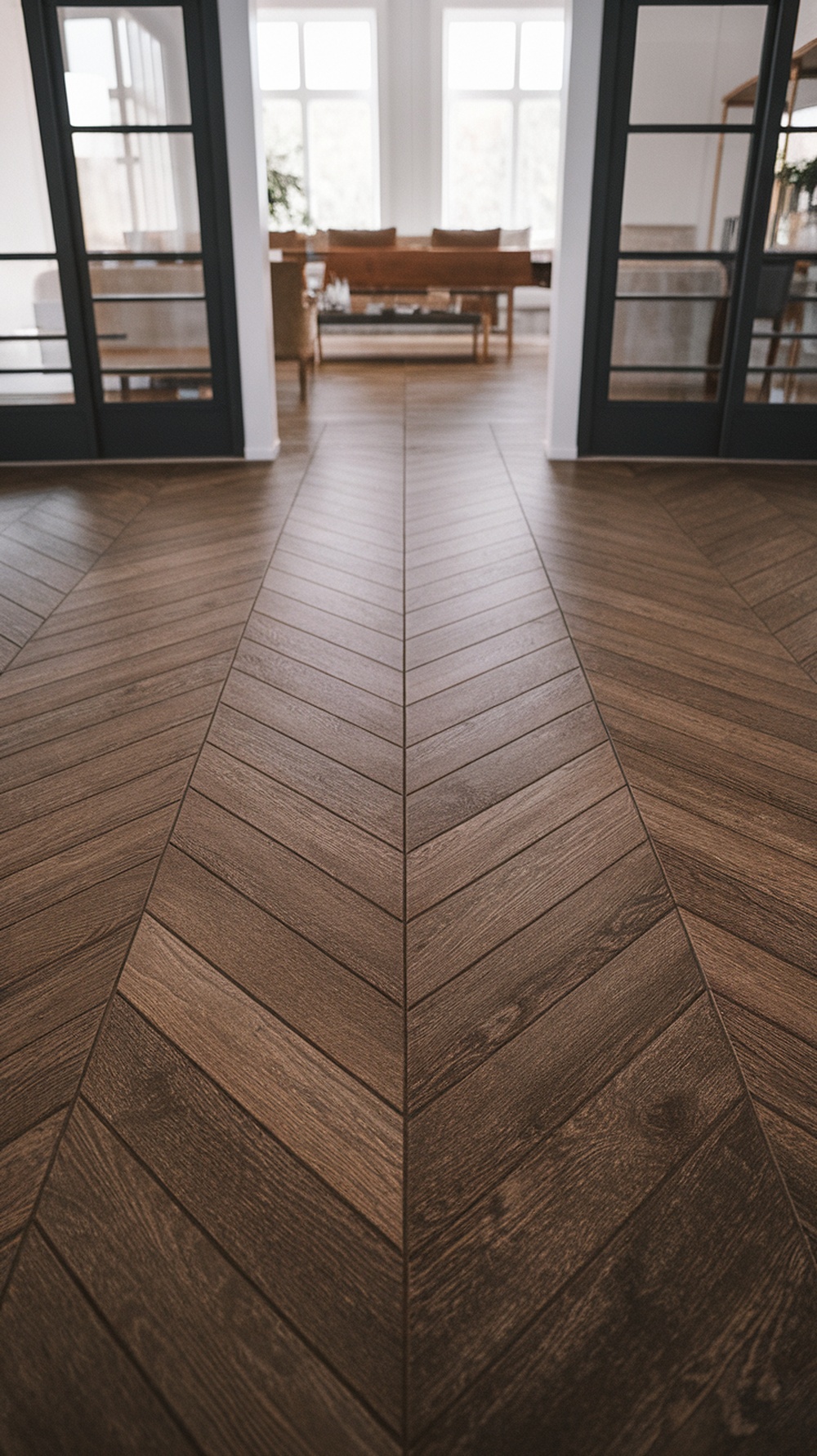 Herringbone pattern wood grain epoxy floor in a modern interior