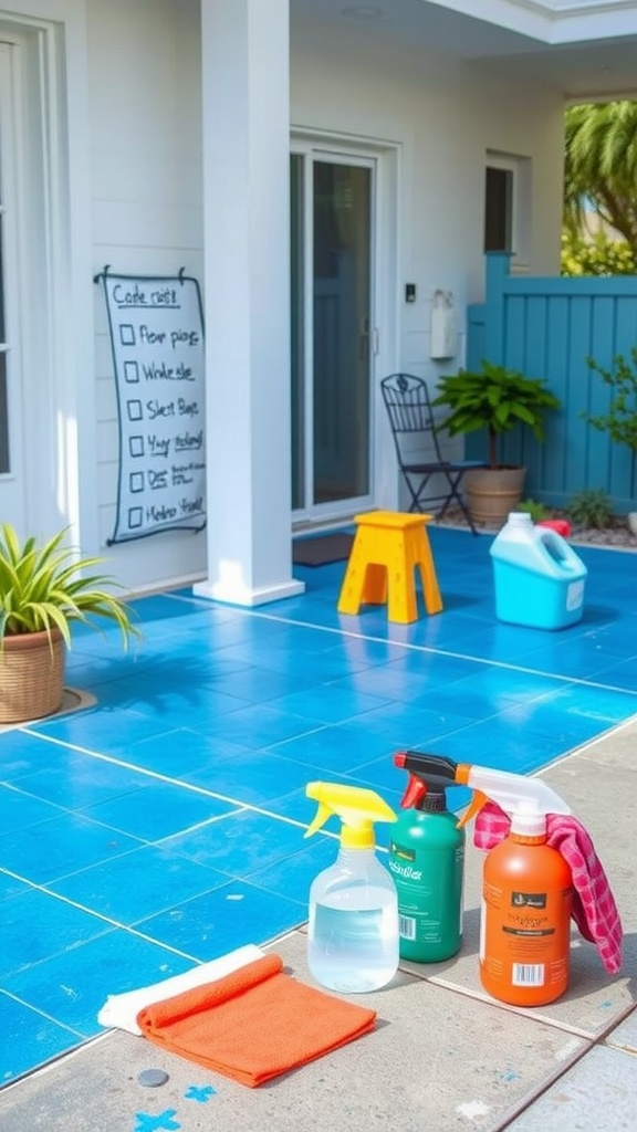 Outdoor space with azure blue concrete, cleaning supplies, and maintenance checklist.