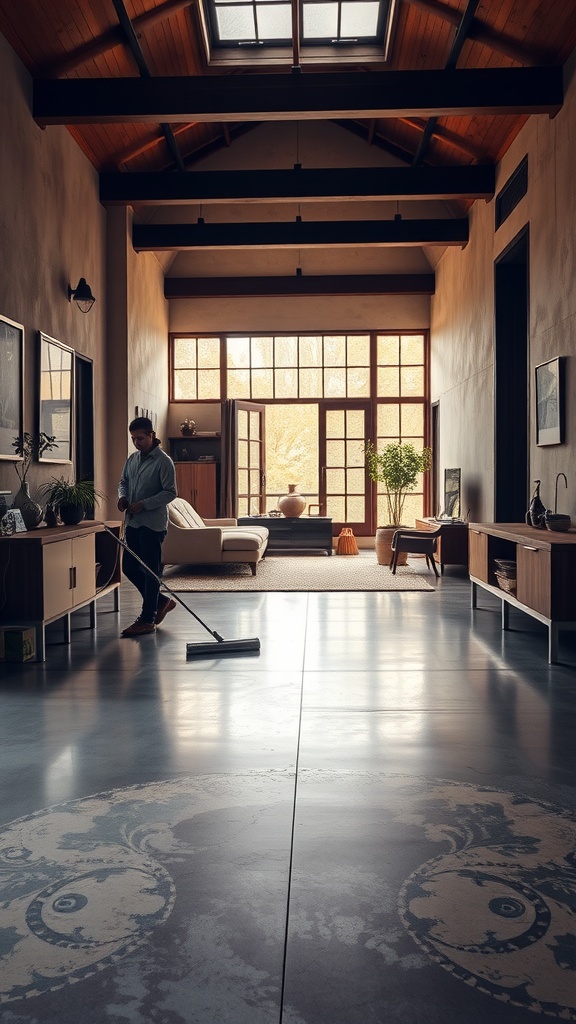 A person cleaning a rustic cement floor in a stylish living room.