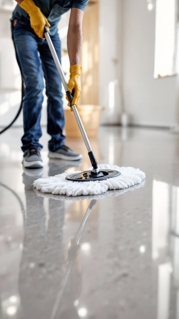 Person cleaning epoxy flooring with a mop