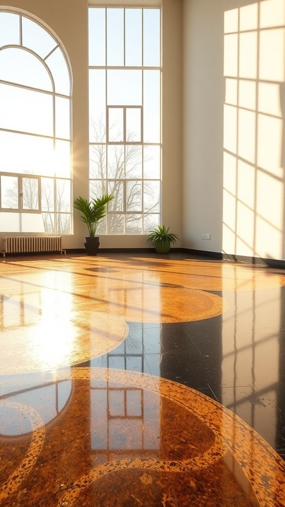 An illustration showing maintenance tips for epoxy floors, including brushing, sweeping, scrubbing, and polishing.