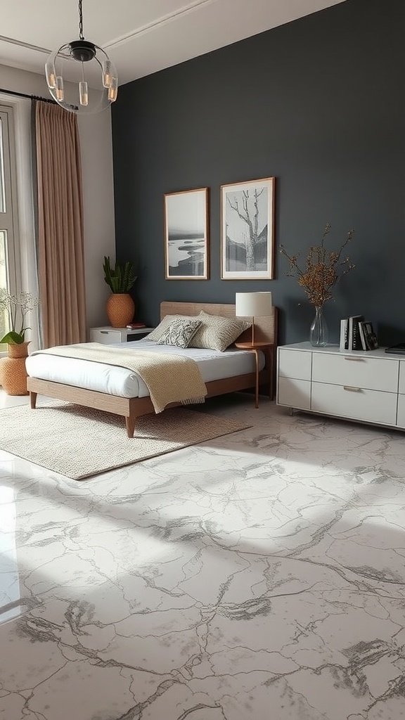 A tidy bedroom with cleaning supplies arranged neatly, emphasizing the maintenance of epoxy flooring.