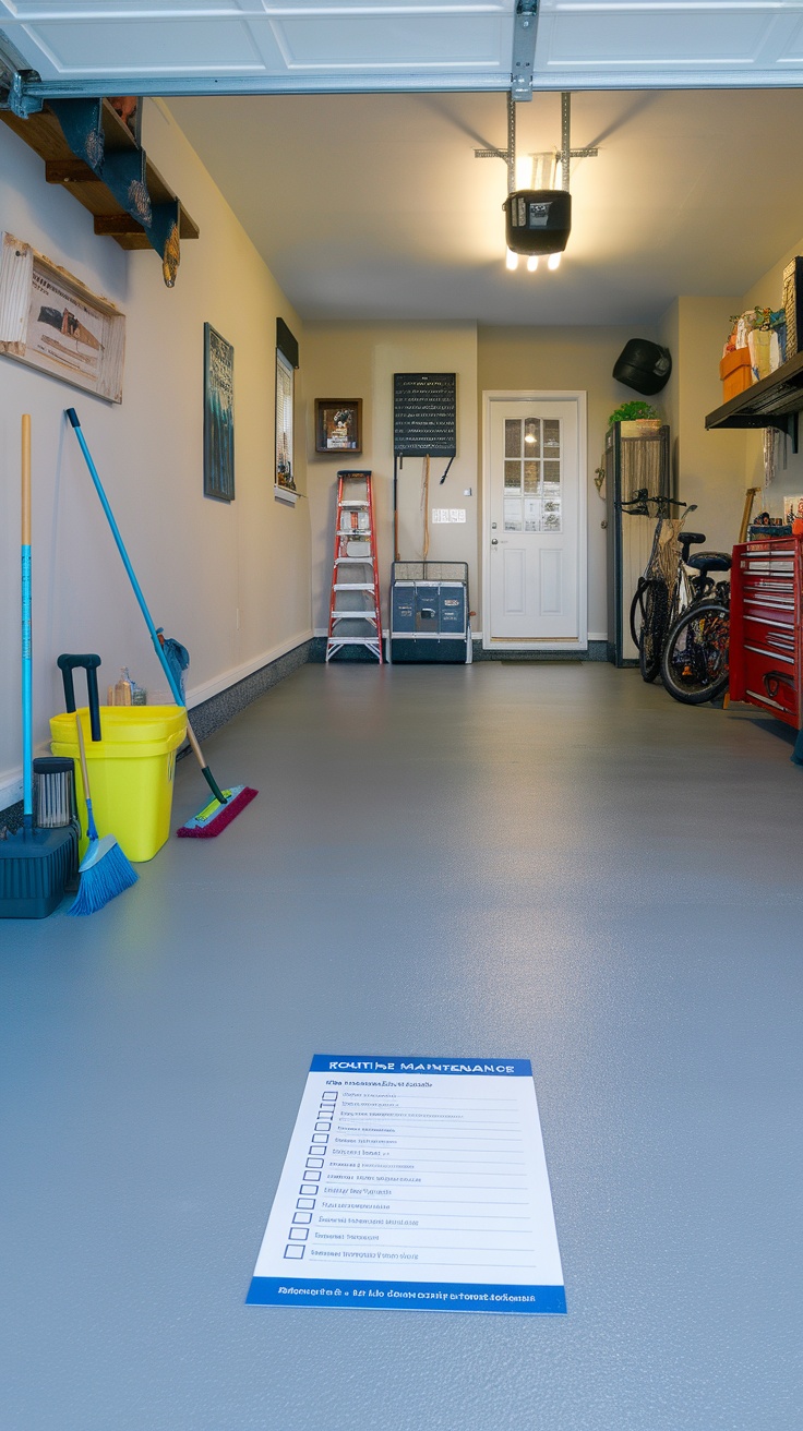 A clean garage with a solid color epoxy floor and maintenance checklist.