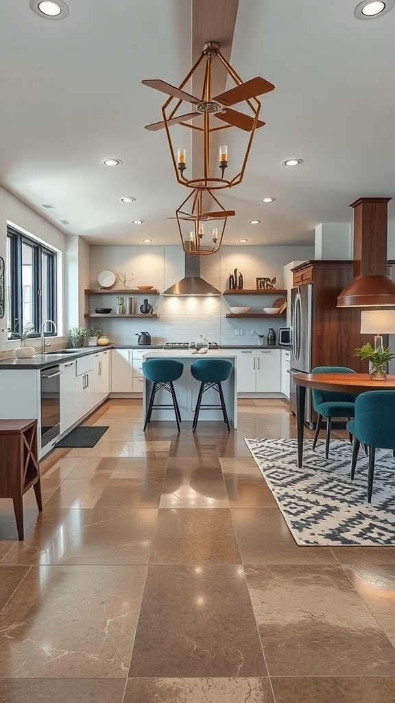 A person mopping a shiny epoxy floor in a modern kitchen.