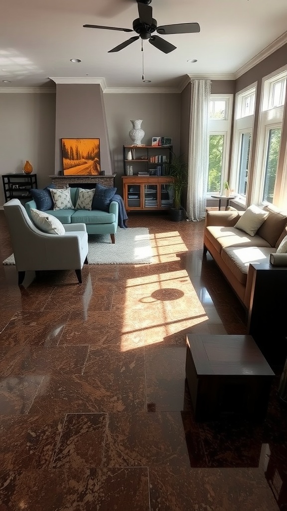A person mopping a shiny epoxy floor with cleaning supplies in the background