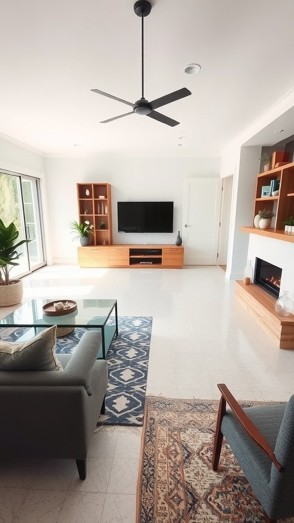 A bright and inviting living room featuring shiny epoxy floors, with cleaning supplies arranged nearby.
