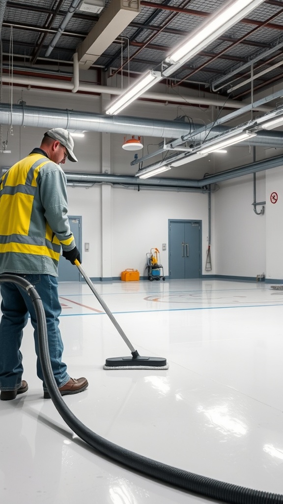 A worker maintaining a clean epoxy floor in an industrial setting.