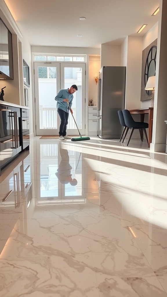 A person cleaning a shiny epoxy floor in a modern kitchen