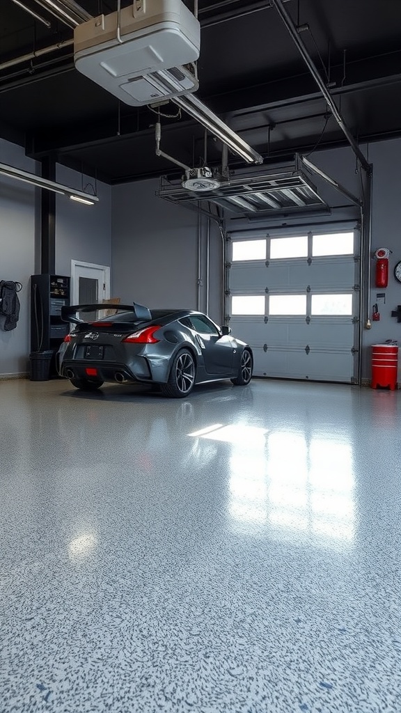 A person cleaning an epoxy garage floor with a mop.