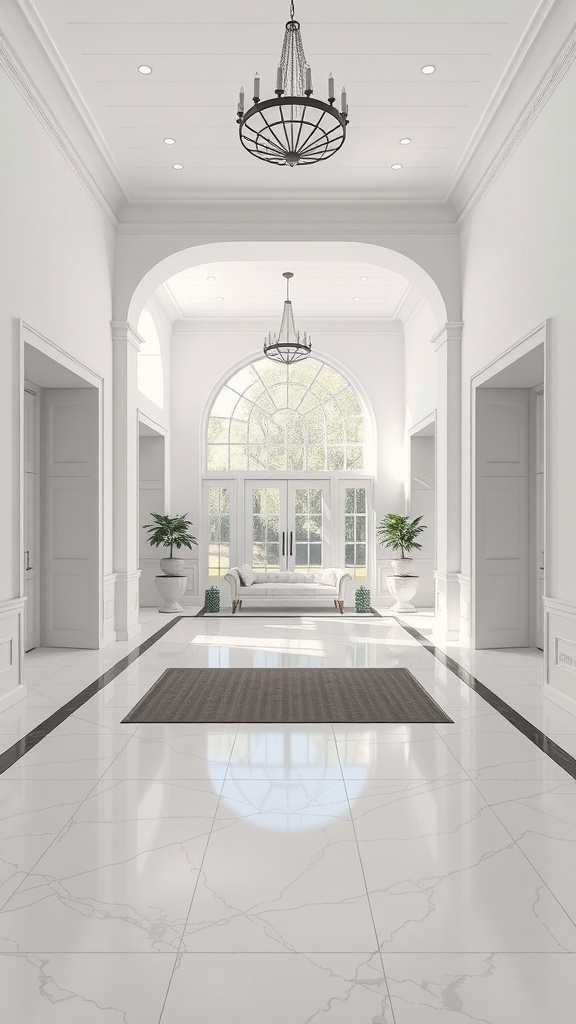 A well-dressed person cleaning a shiny epoxy floor in a stylish hallway with a chandelier.