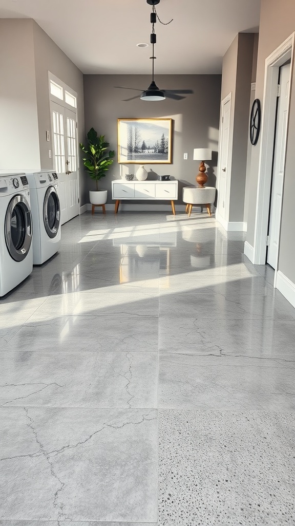 Modern laundry room with gray epoxy floor and stylish decor