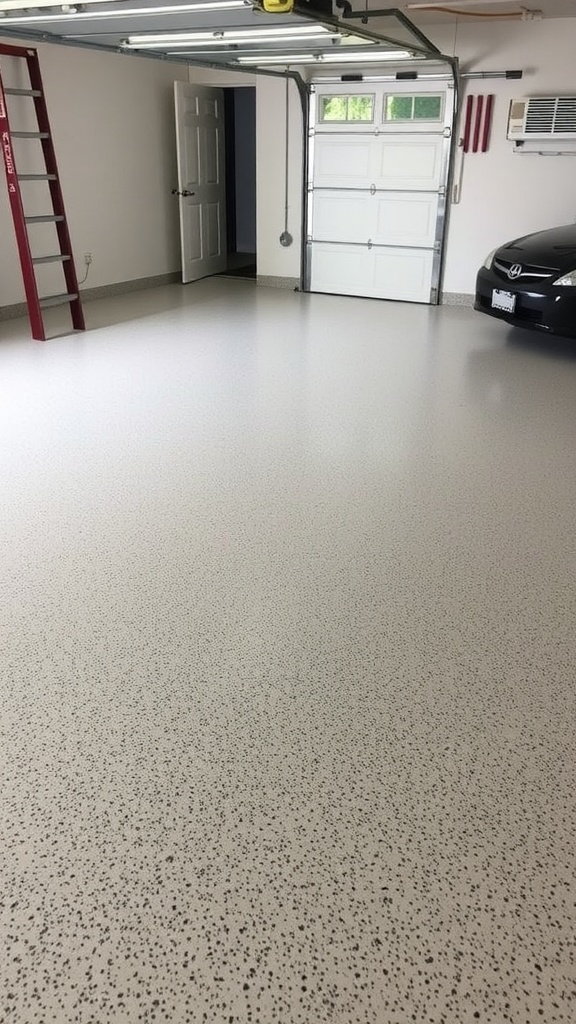 A man cleaning a speckled epoxy garage floor with a black SUV parked nearby.