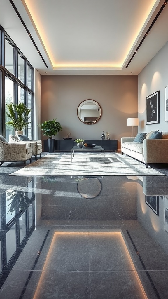 Bright and clean epoxy floor with a marble-like finish and wooden doors in the background.